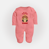 My First Durga Puja Traditional Goddess Face Baby Full Body Suit - PEACH - New Born (Chest 7.5")