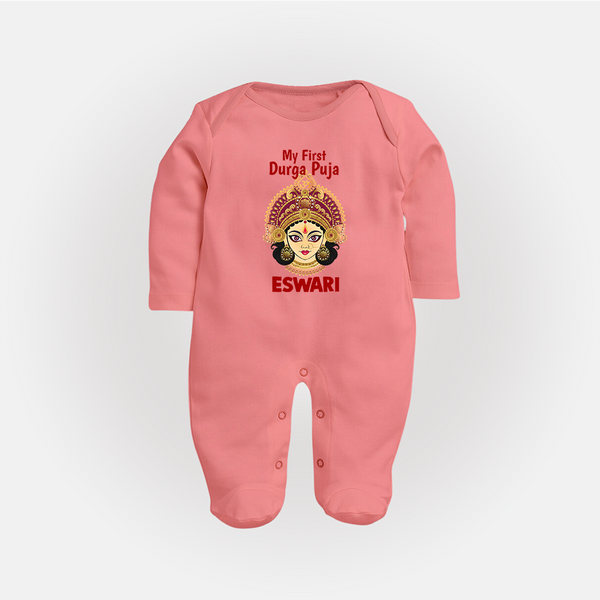 My First Durga Puja Traditional Goddess Face Baby Full Body Suit - PEACH - New Born (Chest 7.5")