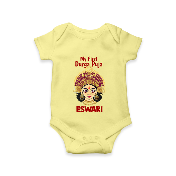 My First Durga Puja Traditional Goddess Face Baby Romper - PASTEL YELLOW - New Born (Chest 14")