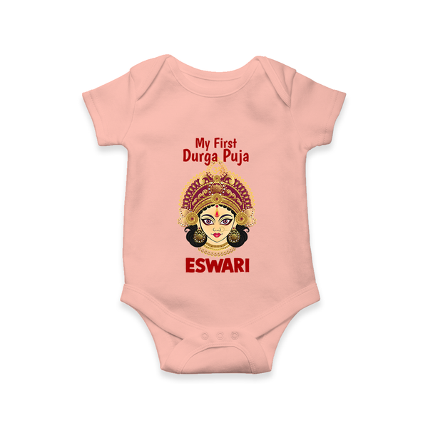 My First Durga Puja Traditional Goddess Face Baby Romper - PEACH - New Born (Chest 14")