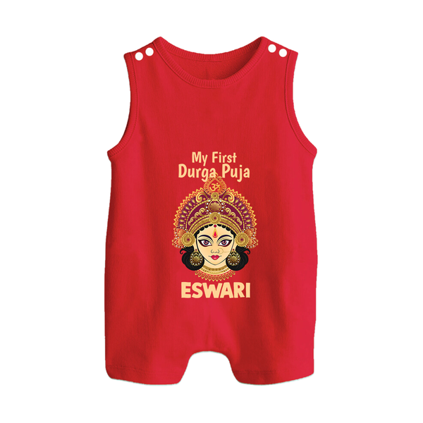 My First Durga Puja Traditional Goddess Face Baby Button Romper - RED - New Born (Chest 18")