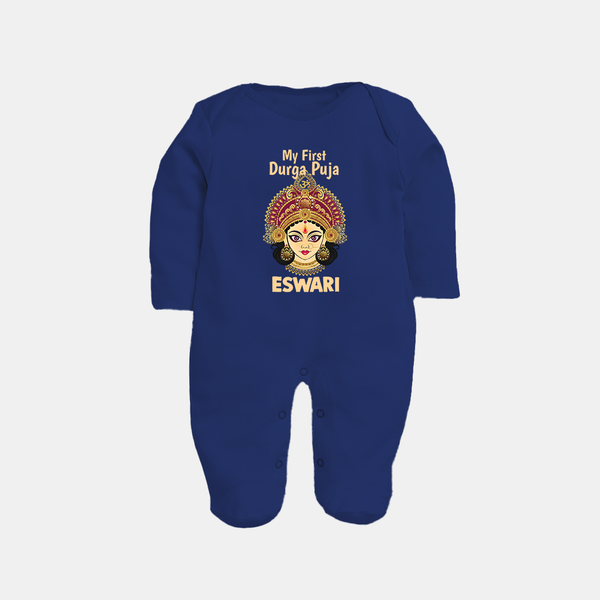 My First Durga Puja Traditional Goddess Face Baby Full Body Suit - NAVY BLUE - New Born (Chest 7.5")
