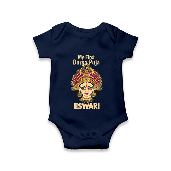My First Durga Puja Traditional Goddess Face Baby Romper - NAVY BLUE - New Born (Chest 14")