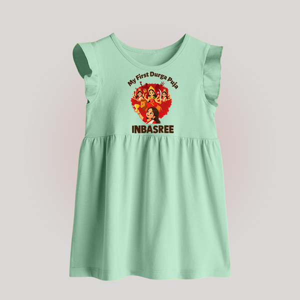 My First Durga Puja Celebration Baby Baby Frock - MINT GREEN - 0 - 3 Months Old (Chest 17")