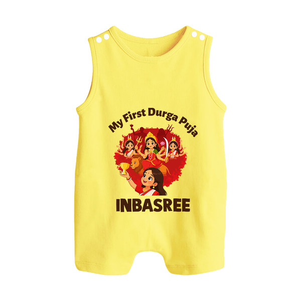My First Durga Puja Celebration Baby Button Romper - PASTEL YELLOW - New Born (Chest 18")