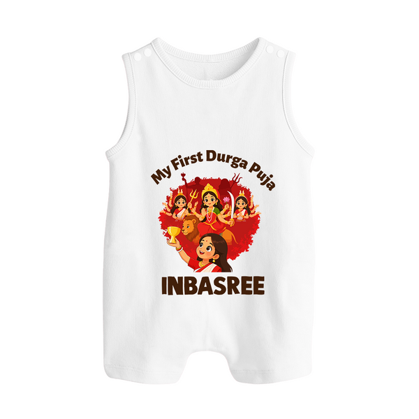 My First Durga Puja Celebration Baby Button Romper - WHITE - New Born (Chest 18")