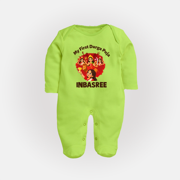 My First Durga Puja Celebration Baby Full Body Suit - LIME GREEN - New Born (Chest 7.5")