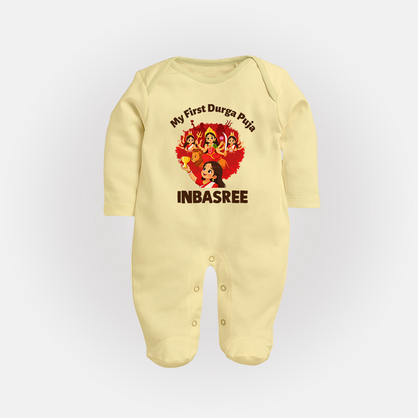 My First Durga Puja Celebration Baby Full Body Suit - PASTEL YELLOW - New Born (Chest 7.5")