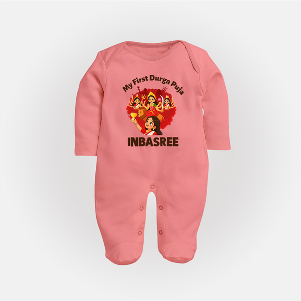 My First Durga Puja Celebration Baby Full Body Suit - PEACH - New Born (Chest 7.5")