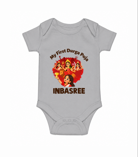 My First Durga Puja Celebration Baby Romper - GREY - New Born (Chest 14")