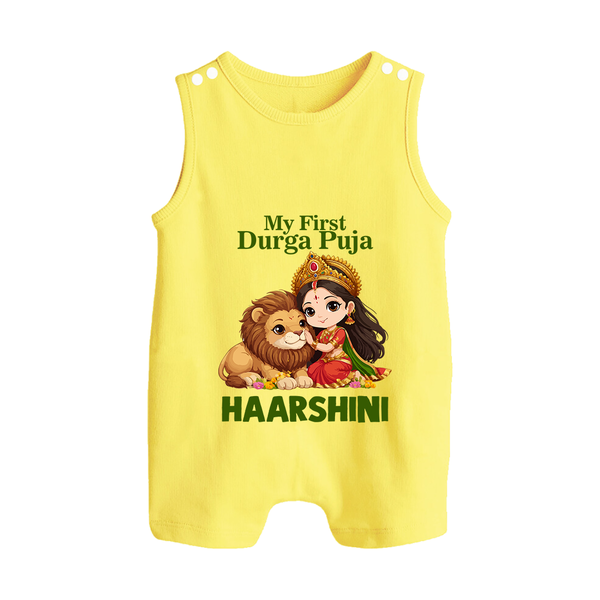 My First Durga Puja Goddess Baby Button Romper - PASTEL YELLOW - New Born (Chest 18")