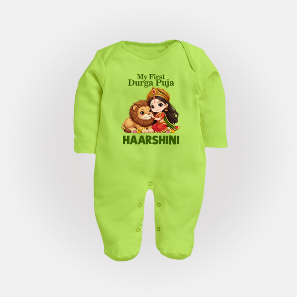 My First Durga Puja Goddess Baby Full Body Suit - LIME GREEN - New Born (Chest 7.5")