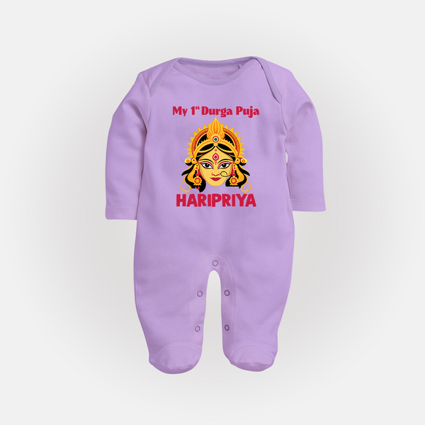 My First Durga Puja Divine Goddess Face Baby Full Body Suit - LILAC - New Born (Chest 7.5")