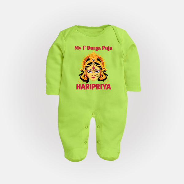 My First Durga Puja Divine Goddess Face Baby Full Body Suit - LIME GREEN - New Born (Chest 7.5")