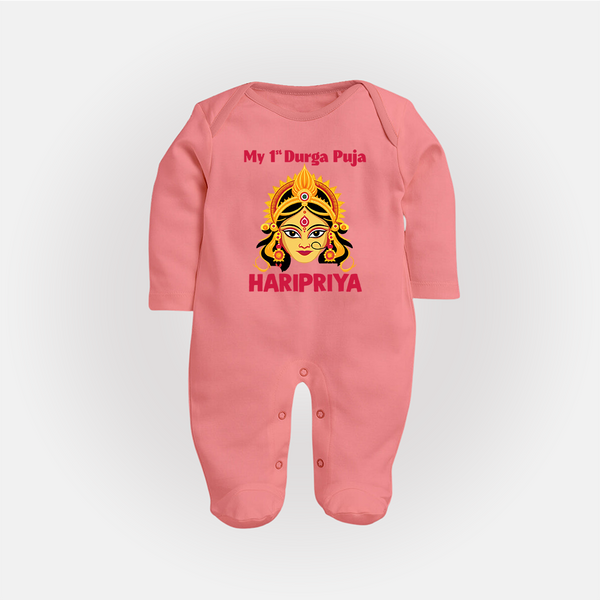 My First Durga Puja Divine Goddess Face Baby Full Body Suit - PEACH - New Born (Chest 7.5")