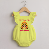 My First Durga Puja Divine Goddess Face Baby Romper Frock - PASTEL YELLOW - 0 - 3 Months Old (Chest 19")