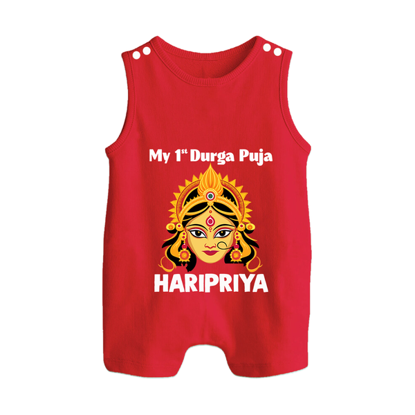My First Durga Puja Divine Goddess Face Baby Button Romper - RED - New Born (Chest 18")