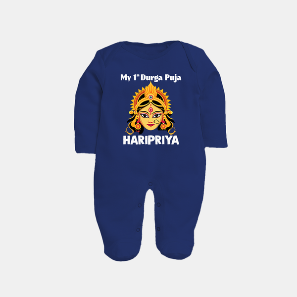 My First Durga Puja Divine Goddess Face Baby Full Body Suit - NAVY BLUE - New Born (Chest 7.5")