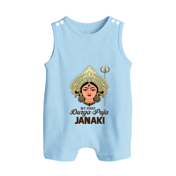 My First Durga Puja Goddess & Trishul Baby Button Romper - BABY BLUE - New Born (Chest 18")