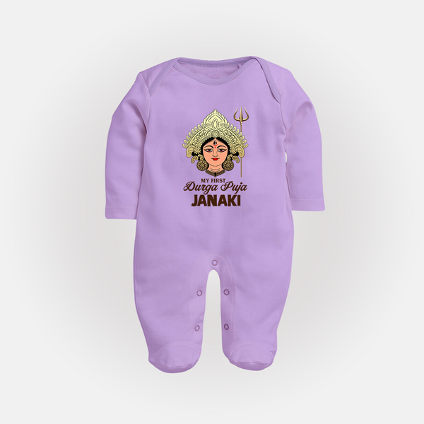 My First Durga Puja Goddess & Trishul Baby Full Body Suit - LILAC - New Born (Chest 7.5")