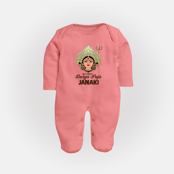 My First Durga Puja Goddess & Trishul Baby Full Body Suit - PEACH - New Born (Chest 7.5")