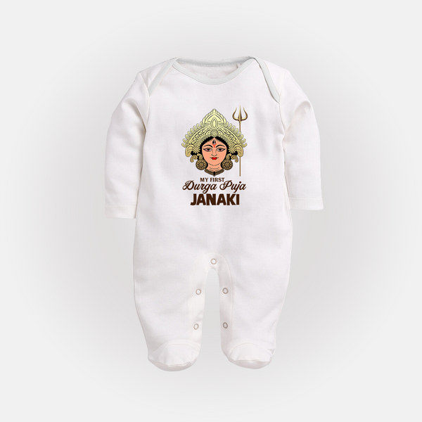 My First Durga Puja Goddess & Trishul Baby Full Body Suit - WHITE - New Born (Chest 7.5")