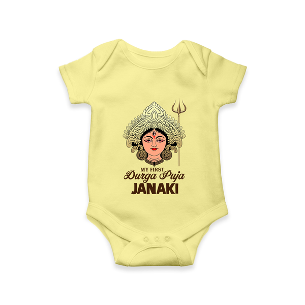My First Durga Puja Goddess & Trishul Baby Romper - PASTEL YELLOW - New Born (Chest 14")