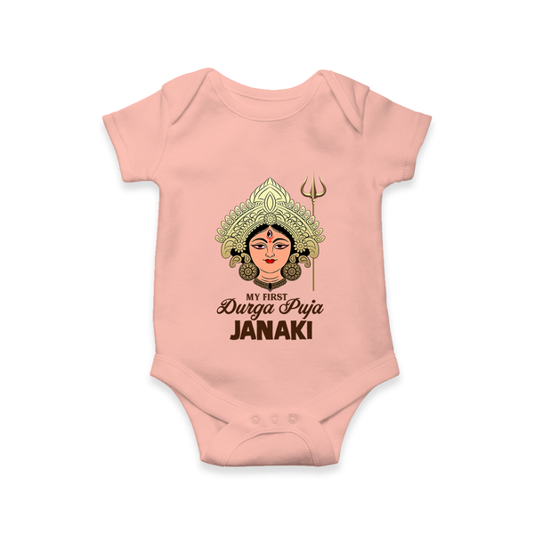 My First Durga Puja Goddess & Trishul Baby Romper - PEACH - New Born (Chest 14")