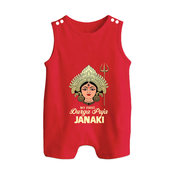 My First Durga Puja Goddess & Trishul Baby Button Romper - RED - New Born (Chest 18")