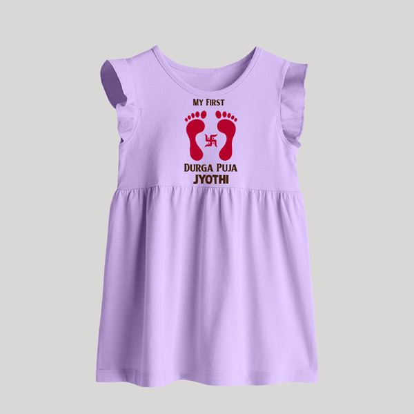 My First Durga Puja Baby Footprint Baby Baby Frock - LILAC - 0 - 3 Months Old (Chest 17")