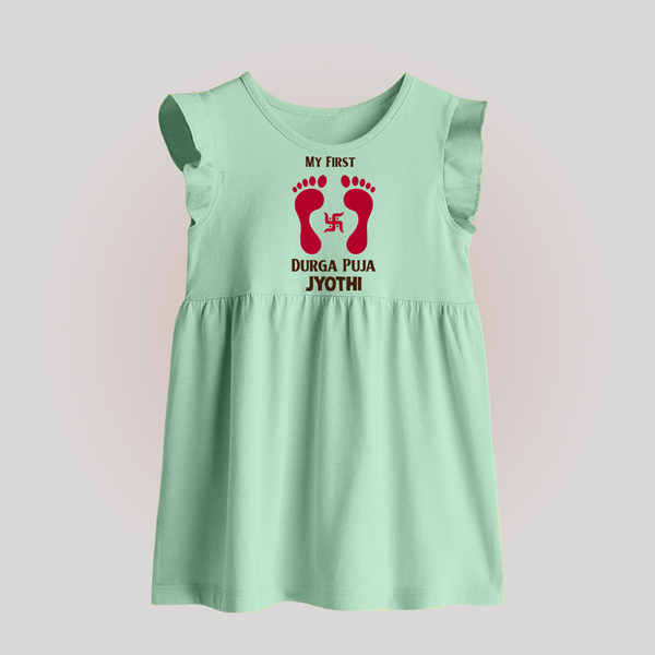 My First Durga Puja Baby Footprint Baby Baby Frock - MINT GREEN - 0 - 3 Months Old (Chest 17")