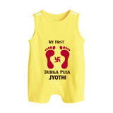 My First Durga Puja Baby Footprint Baby Button Romper - PASTEL YELLOW - New Born (Chest 18")