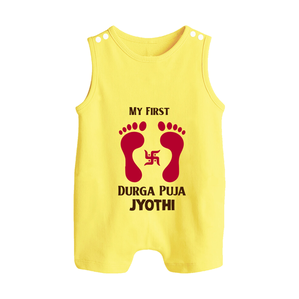 My First Durga Puja Baby Footprint Baby Button Romper - PASTEL YELLOW - New Born (Chest 18")