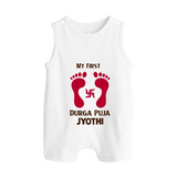 My First Durga Puja Baby Footprint Baby Button Romper - WHITE - New Born (Chest 18")