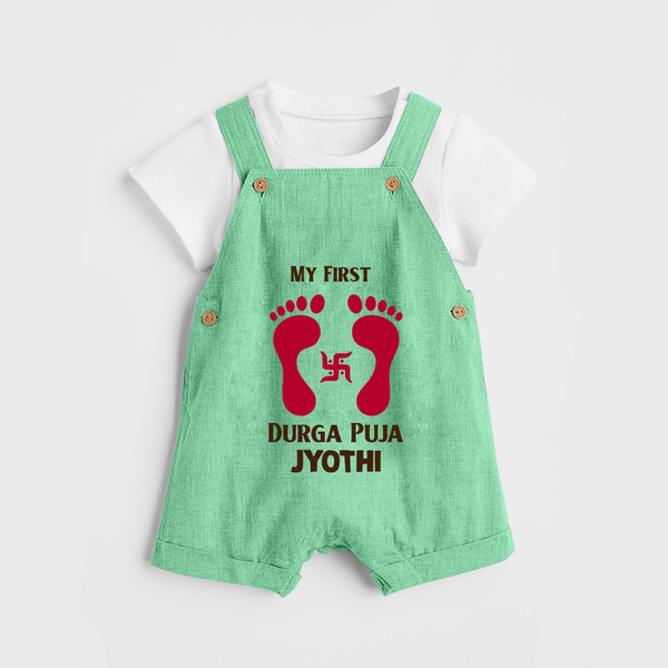 My First Durga Puja Baby Footprint Baby Dungaree - GREEN - 0 - 5 Months Old (Chest 18")