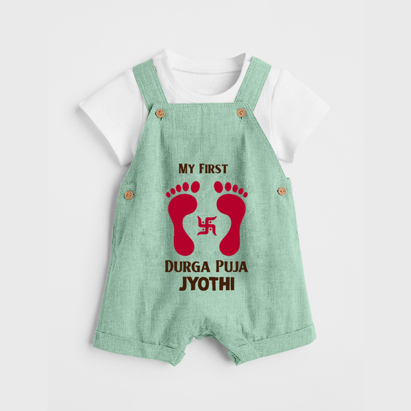 My First Durga Puja Baby Footprint Baby Dungaree - MINT GREEN - 0 - 5 Months Old (Chest 18")