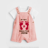 My First Durga Puja Baby Footprint Baby Dungaree - PEACH - 0 - 5 Months Old (Chest 18")