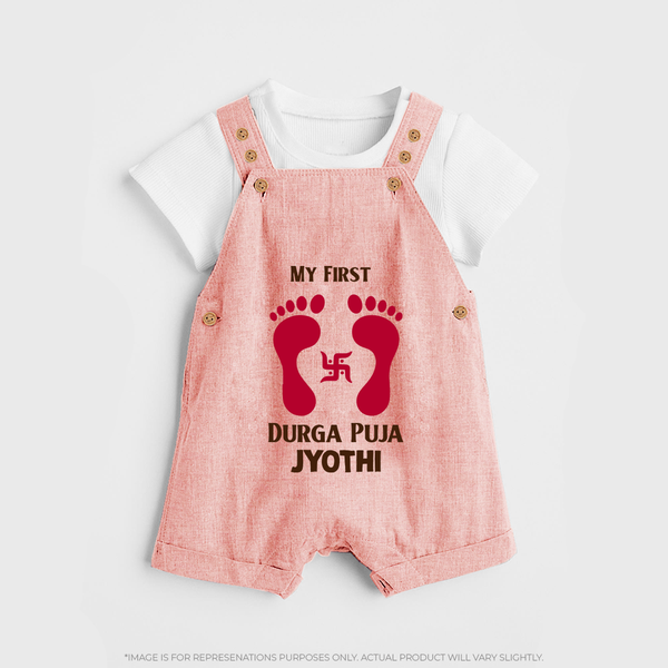 My First Durga Puja Baby Footprint Baby Dungaree - PEACH - 0 - 5 Months Old (Chest 18")