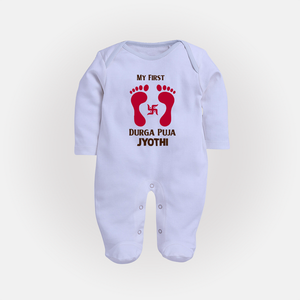 My First Durga Puja Baby Footprint Baby Full Body Suit - BABY BLUE - New Born (Chest 7.5")