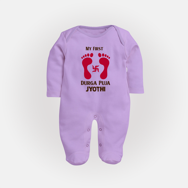 My First Durga Puja Baby Footprint Baby Full Body Suit - LILAC - New Born (Chest 7.5")