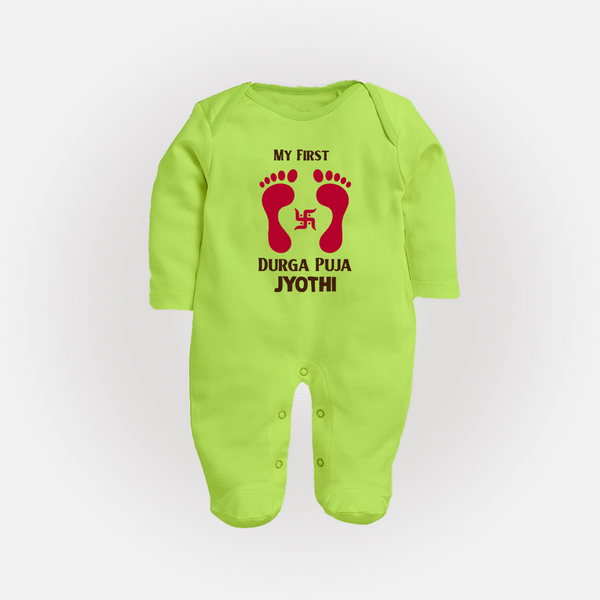 My First Durga Puja Baby Footprint Baby Full Body Suit - LIME GREEN - New Born (Chest 7.5")