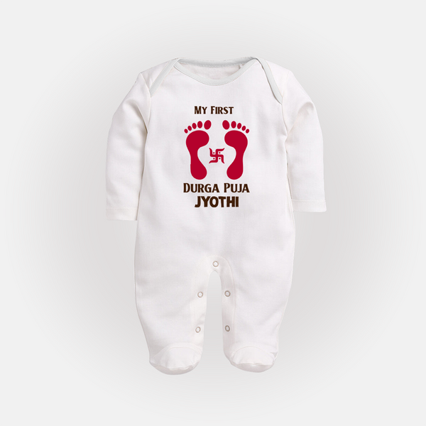 My First Durga Puja Baby Footprint Baby Full Body Suit - WHITE - New Born (Chest 7.5")