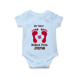 My First Durga Puja Baby Footprint Baby Romper - BABY BLUE - New Born (Chest 14")