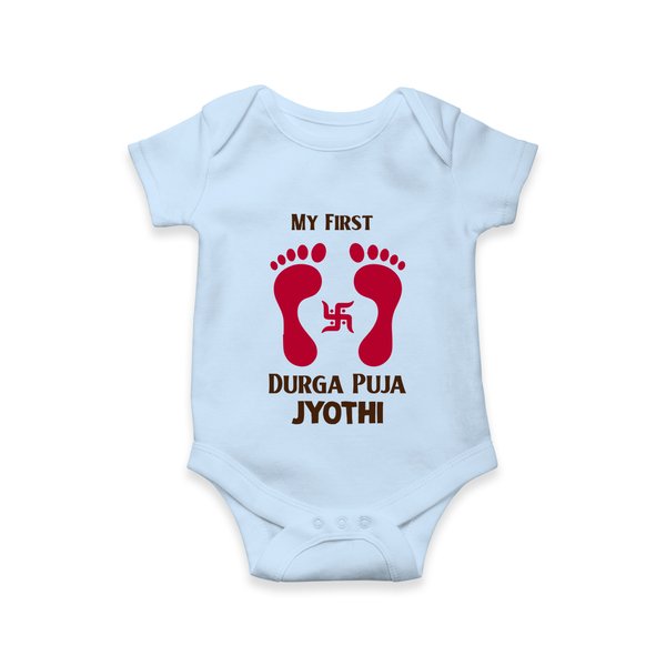 My First Durga Puja Baby Footprint Baby Romper - BABY BLUE - New Born (Chest 14")