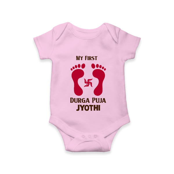 My First Durga Puja Baby Footprint Baby Romper - BABY PINK - New Born (Chest 14")