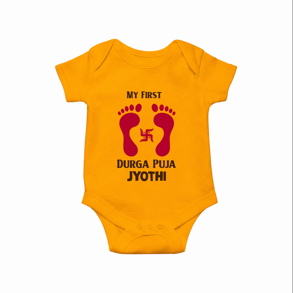 My First Durga Puja Baby Footprint Baby Romper - CHROME YELLOW - New Born (Chest 14")