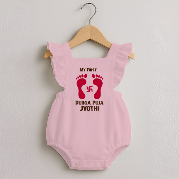 My First Durga Puja Baby Footprint Baby Romper Frock - BABY PINK - 0 - 3 Months Old (Chest 19")
