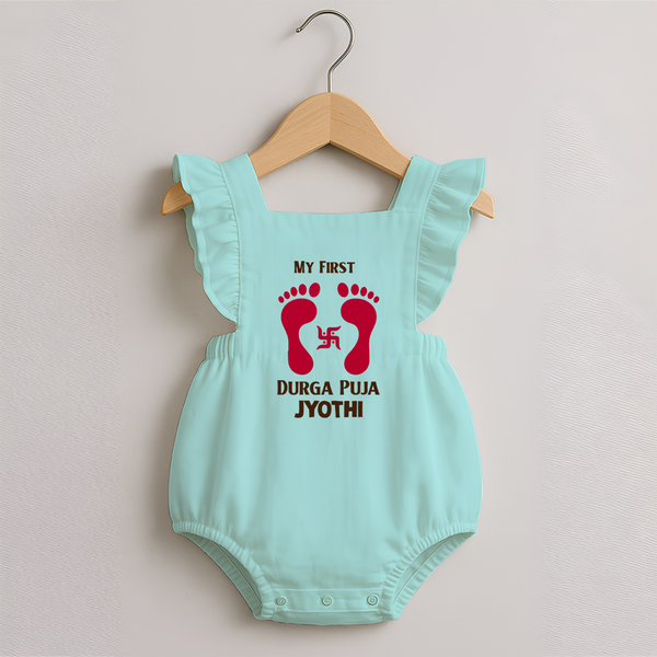 My First Durga Puja Baby Footprint Baby Romper Frock - MINT GREEN - 0 - 3 Months Old (Chest 19")