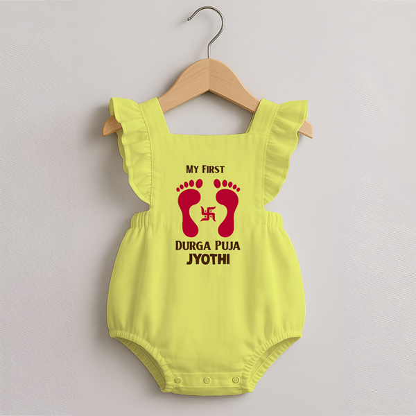 My First Durga Puja Baby Footprint Baby Romper Frock - PASTEL YELLOW - 0 - 3 Months Old (Chest 19")
