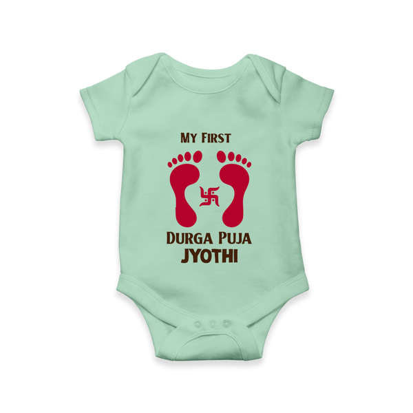 My First Durga Puja Baby Footprint Baby Romper - MINT GREEN - New Born (Chest 14")